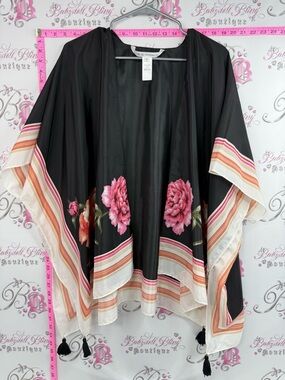 cleo  Floral Kimono in Black with Pink Roses and Cream Stripes, beach, summer